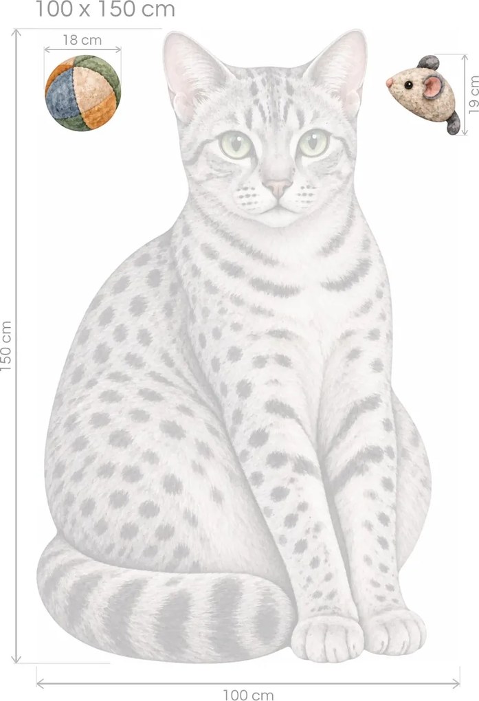 Egyptská mau s loptičkou a myškou striebristo bodkované mačacie nálepky na stenu arch 31 x 46 cm