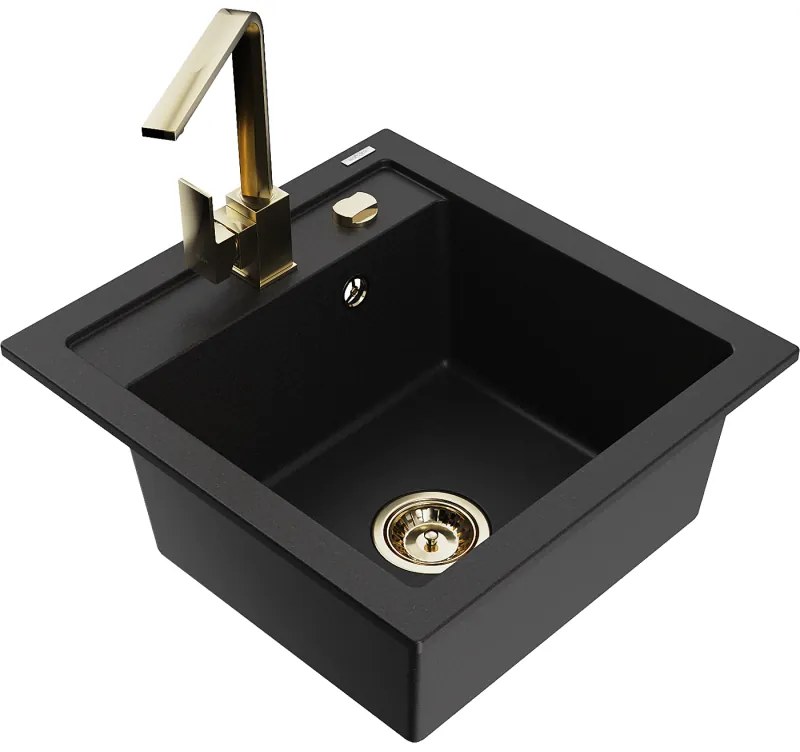 Mexen Vito, 1-komorový granitový drez 520x490x210 mm, zlatá batéria Rita, čierna, 6503-77-670300-50