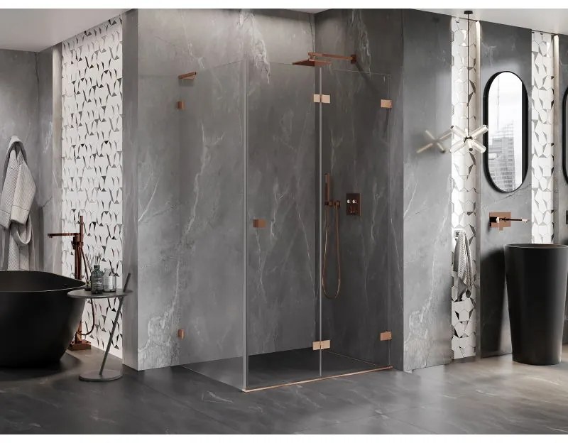 Mexen Lunar-F L, 1-krídlový sprchový kút so skladacími dverami, pravý, 95 x 90 cm, 8mm číre sklo, medený profil, 836L-095-090-65-00-P