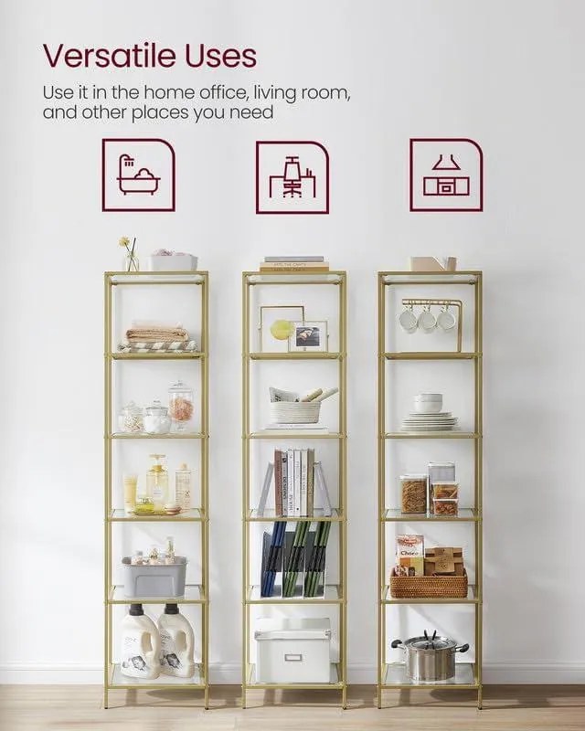 Sklenený regál, polica 6-úrovňová, oceľový rám, 30 x 40 x 177,3 cm, zlatá farba