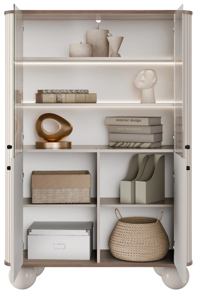 Vitrína Vesper 103 cm štvordverová - kašmír / orech / čierne úchytky / guľaté nohy