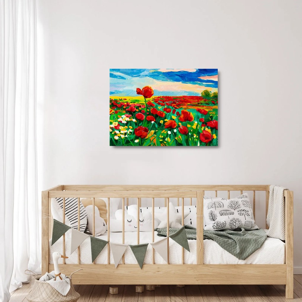Sklenený obraz poľa s vlčími makmi (70x50 cm)