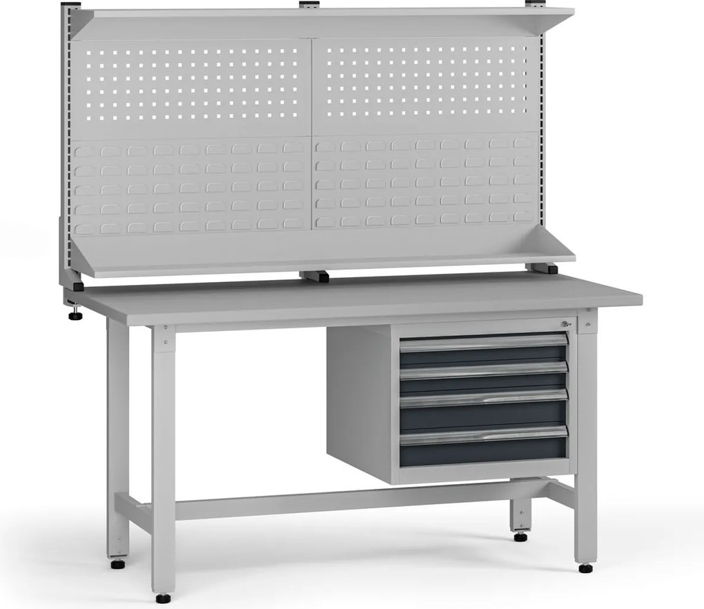 Výškovo nastaviteľný dielenský stôl G5 s nadstavbou, 1500 x 750 x 800-1000 mm, 1x kontajner, 4 zásuvky, grafit