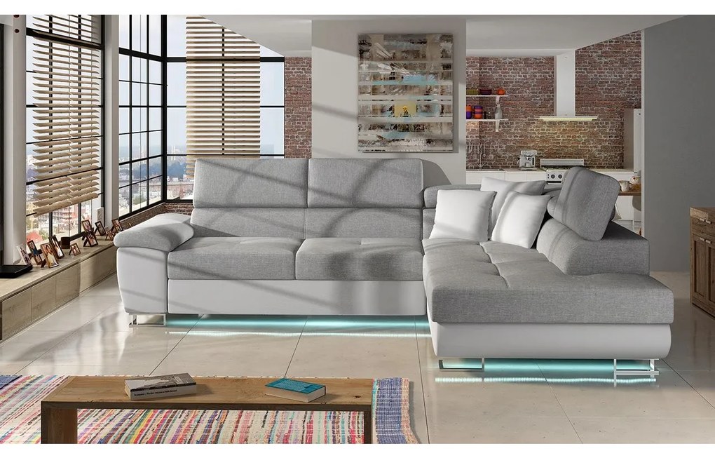 Rohová sedačka Alvin LED, Dostupné poťahy: Ekokoža Soft 011 (čierna) + Lux 06 + Ekokoža Soft 011 (čierna), Strana: pravá