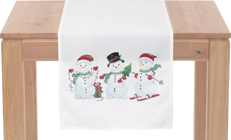 Vianočný behúň na stôl Snehuliaci 150x40 cm, biely