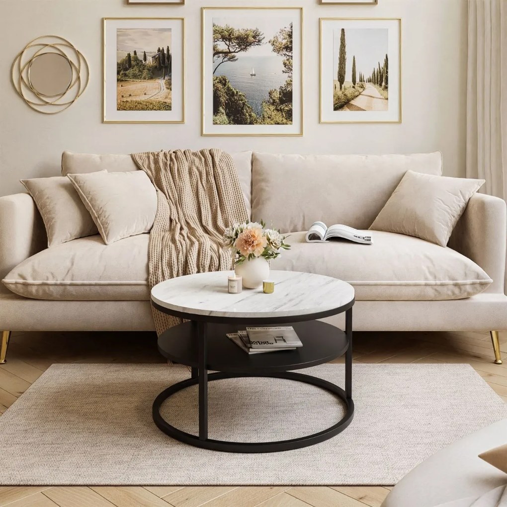 KONFERENČNÝ STOLÍK LEONARDO S POLICOU BIELY MRAMOR + ČIERNY