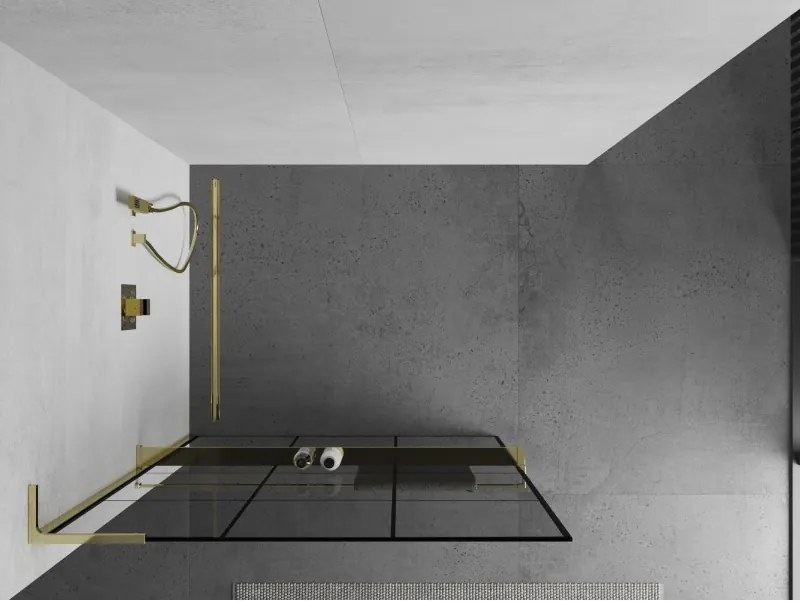 Mexen Kioto+ L, sprchová zástena Walk-In s poličkou a vešiakom 120 x 200 cm, 8mm číre sklo čierny vzor, zlatý lesklý profil,800-120-123-50-77