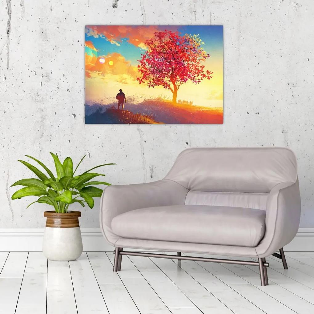 Sklenený obraz stromu na kopci (70x50 cm)