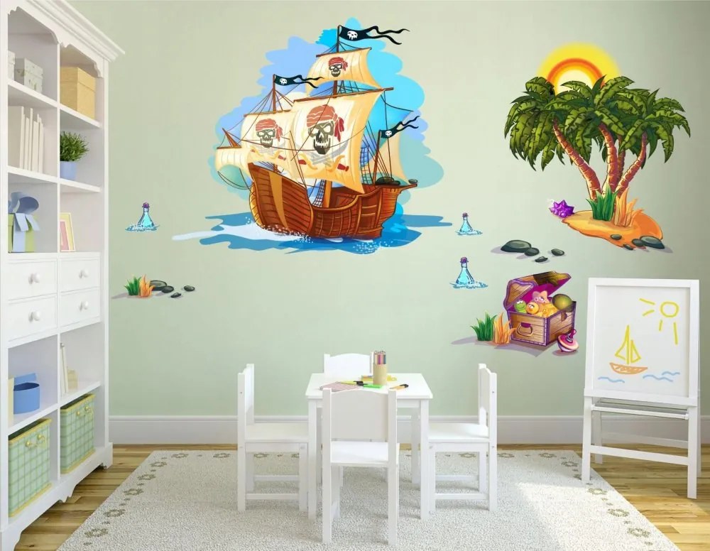 Farebná dekoračná nálepka na stenu pirátska loď s pokladom 60 x 120 cm