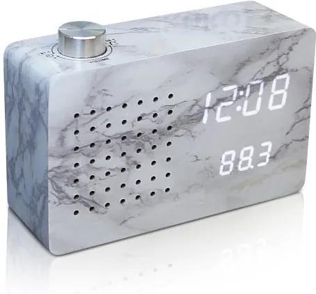Sivý budík s bielym LED displejom a rádiom Gingko Radio Click Clock Marble