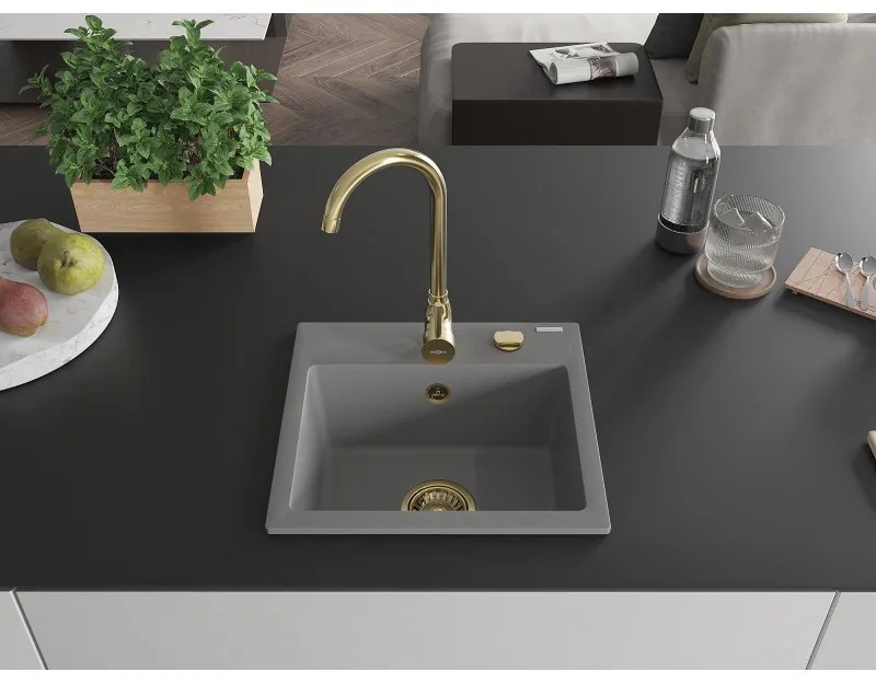 Mexen Milo, 1-komorový granitový drez 435x410x171 mm a zlatá batéria Telma, šedá, 6505-71-670200-50