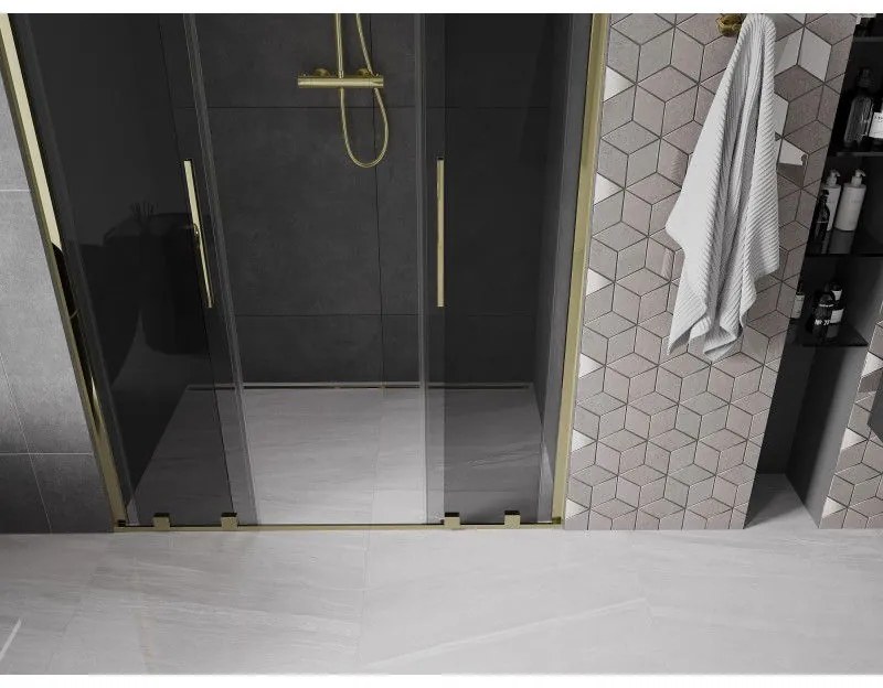 Mexen Velar Duo, posuvné sprchové dvere do otvoru 150 cm, 8mm šedé sklo, zlatá lesklá, 871-150-000-42-50