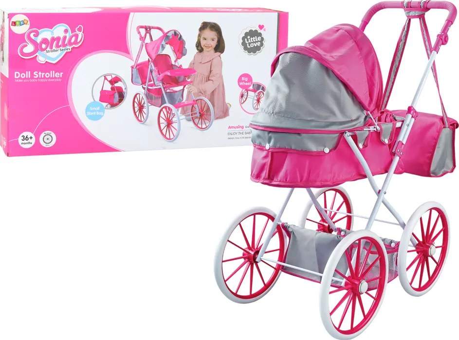 LEAN Toys Kočík pre bábiky s kovovou taškou a veľkými kolesami, ružový