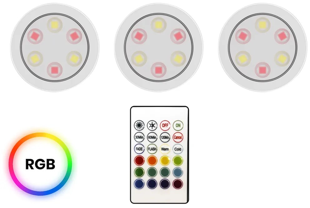LED svietidlo Jojo, 1x LED 0,6w 3000-6000k, w, RGB, ovládač, sada 3ks