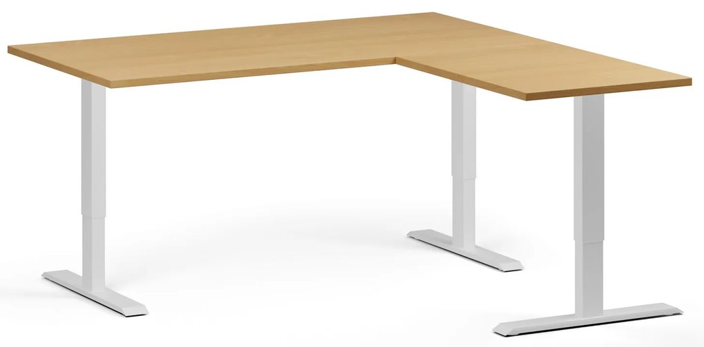 Rohový výškovo nastaviteľný stôl, 160x160 cm, 3 motory, L/P, biela podnož, buk