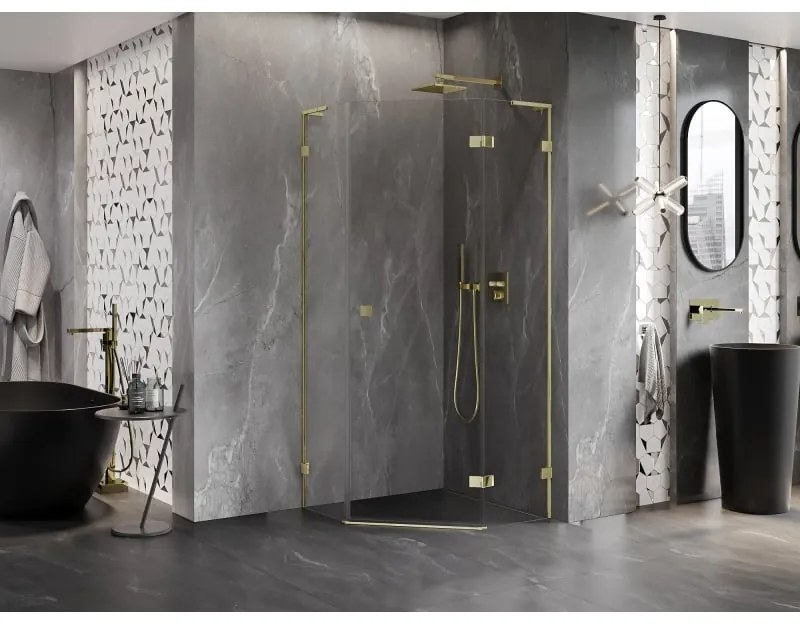 Mexen Lunar, L pravý výklopný päťuholníkový sprchový kút 80 x 80 cm, 8mm číre sklo, zlatý profil, 831L-080P-080L-50-00-P