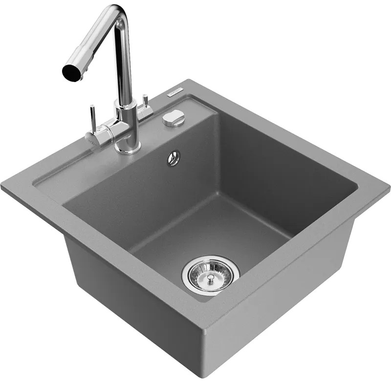 Mexen Vito, 1-komorový granitový drez 520x490x210 mm, chrómová batéria Duero, šedá, 6503-71-671600-00