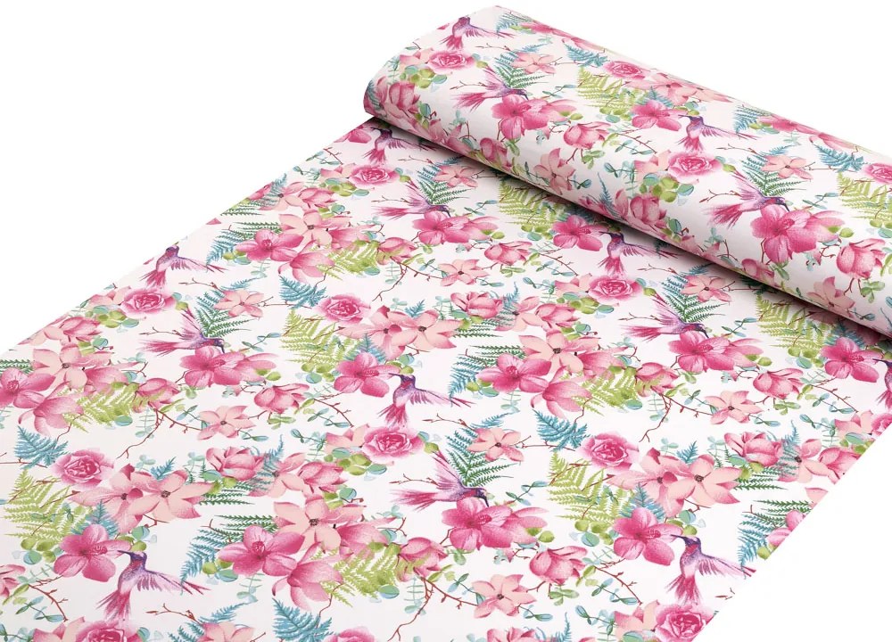 Biante Detské bavlnené posteľné obliečky do postieľky Sandra SA-493 Kolibríky s ružovými kvetmi na bielom Do postieľky 90x140 a 40x60 cm