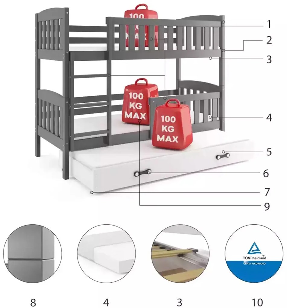 Poschodová posteľ s prístelkou KUBO 3 200x90 grafitová - biela