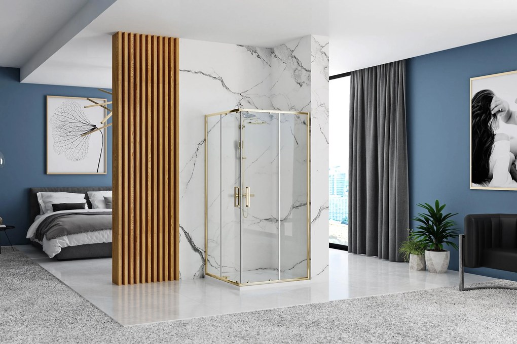 Rea Punto, sprchový kút s posuvnými dverami 80(dvere) x 80(dvere) x 190 cm, 5mm číre sklo, zlatý lesklý profil + biela sprchová vanička Savoy, KPL-K6441