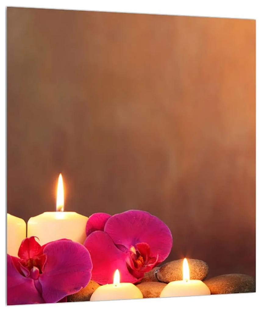 Relaxačný obraz sviečok s orchideou (30x30 cm)