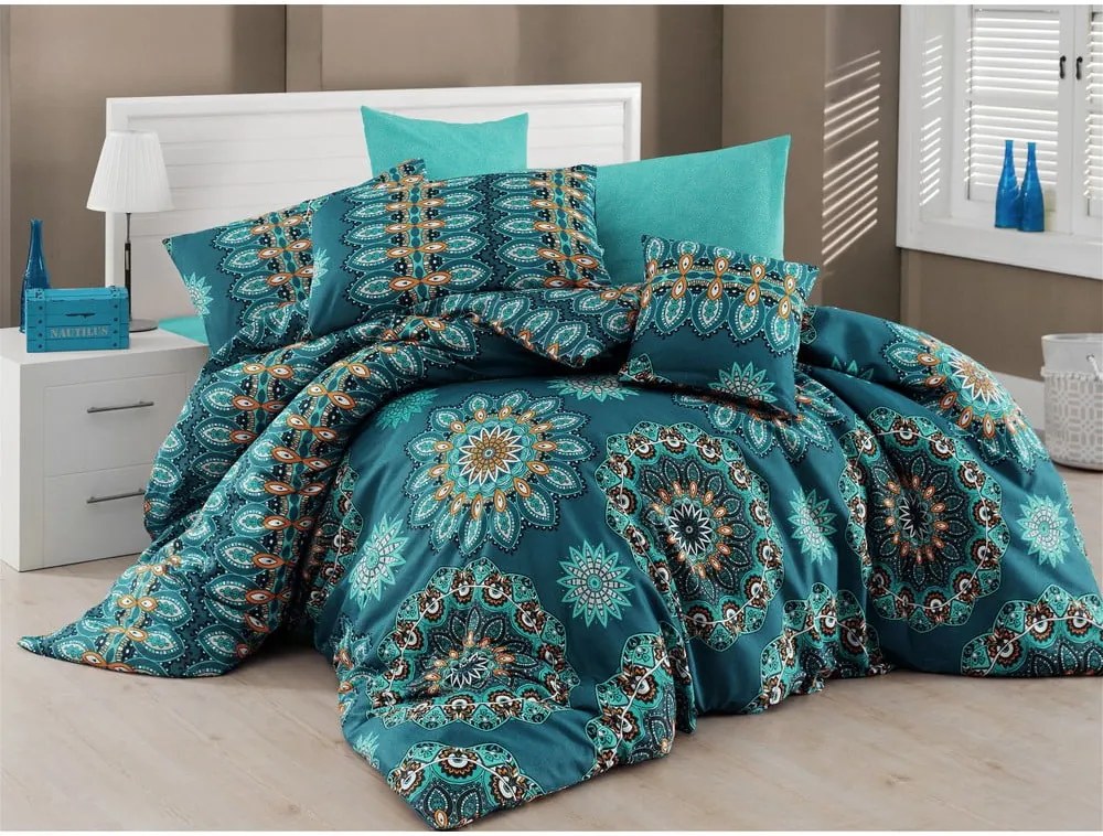 Tyrkysovomodré obliečky s plachtou na dvojlôžko Nazenin Home Hula Turquoise, 200 × 220 cm