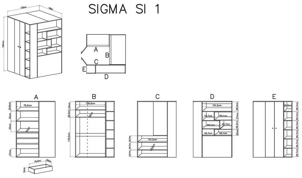 Rohová skriňa Sigma SI1 L/P - Biely lux / beton / Dub