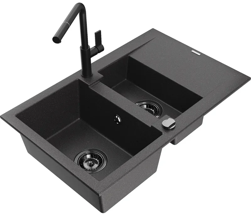 Mexen Gaspar, 1,5-komorový granitový drez 737x475x177 mm a drezová batéria Flora, čierna škvrnitá, 6507-76-670401-70-B