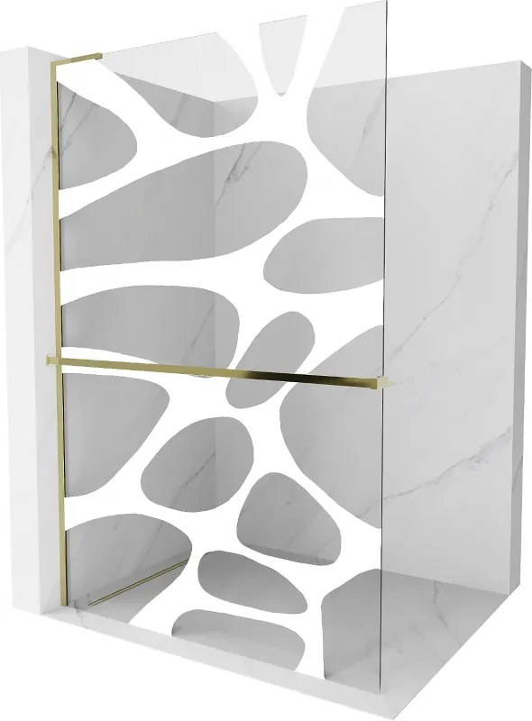 Mexen Kioto+ L, sprchová zástena Walk-In s poličkou a vešiakom 100 x 200 cm, 8mm číre sklo biely vzor, zlatý lesklý profil,800-100-123-50-97