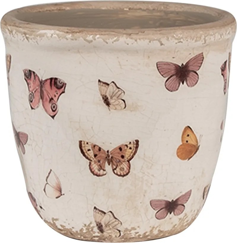 Béžový antik obal na kvetináč s motýlikmi Butterfly Paradise XS - Ø 11*10 cm