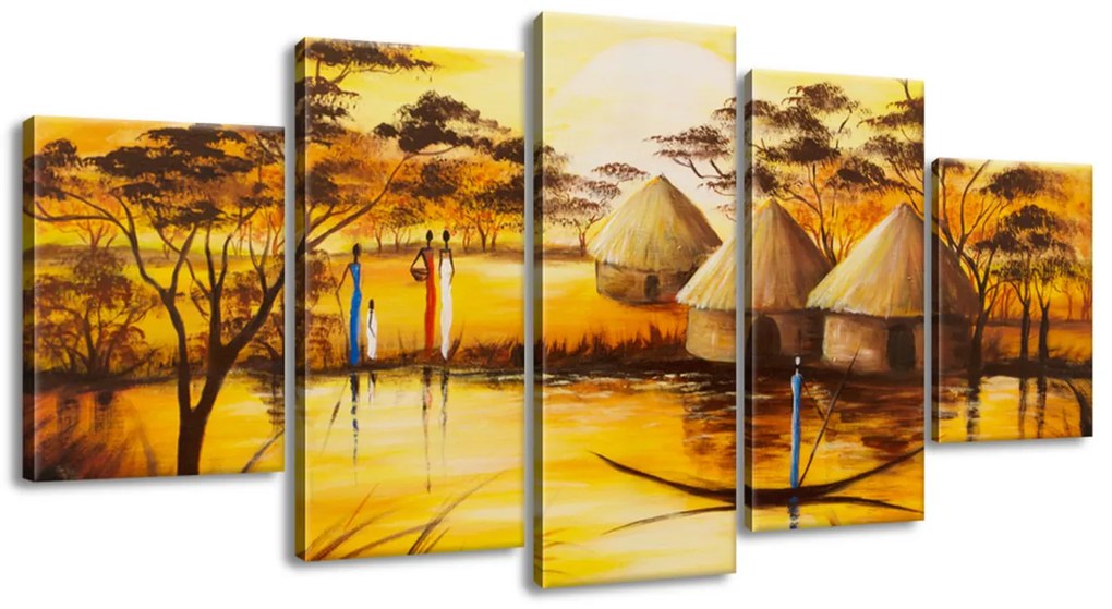 Gario Ručne maľovaný obraz Africká dedina - 5 dielny Rozmery: 150 x 70 cm