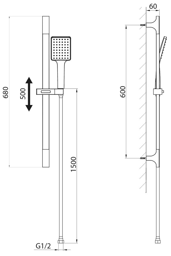 Sapho Sapho, Sprchová súprava hranatá, posuvný držiak 680mm, čierna matná, SC815B