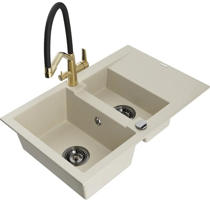 Mexen Gaspar, granitový drez 737x475x177 mm, 1,5-komorový a drezová batéria Duo, béžová, 6507-69-671701-57-B