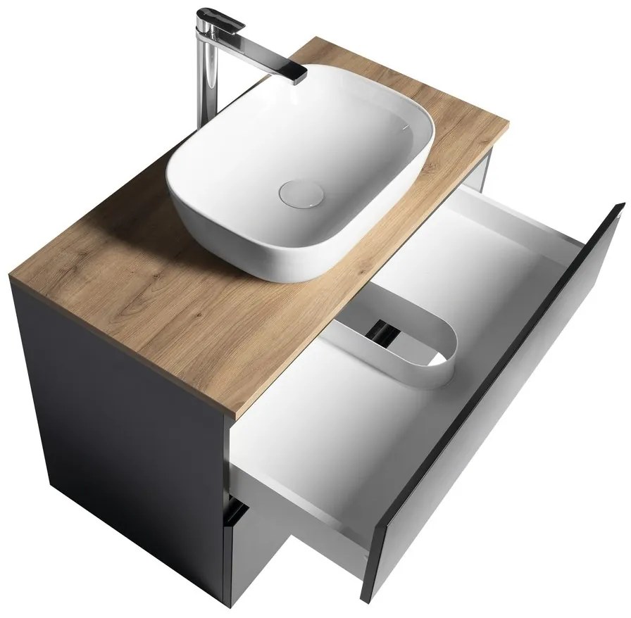 Aqualine Aqualine, ALTAIR skrinka s doskou 87,5 cm, čierna mat/dub emporio, AI690-01