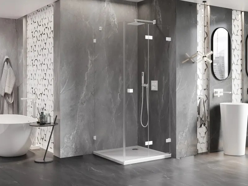 Mexen Lunar-F, 1-krídlový sprchový kút so skladacími dverami, pravý, 90 x 90 cm, 8mm číre sklo, biely profil, 836-090-090-20-00-P