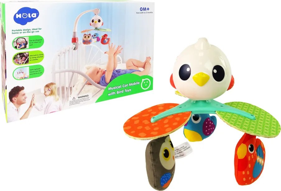 LEAN Toys Detský kolotoč nad postieľku a kočík farebné vtáky s melódiou