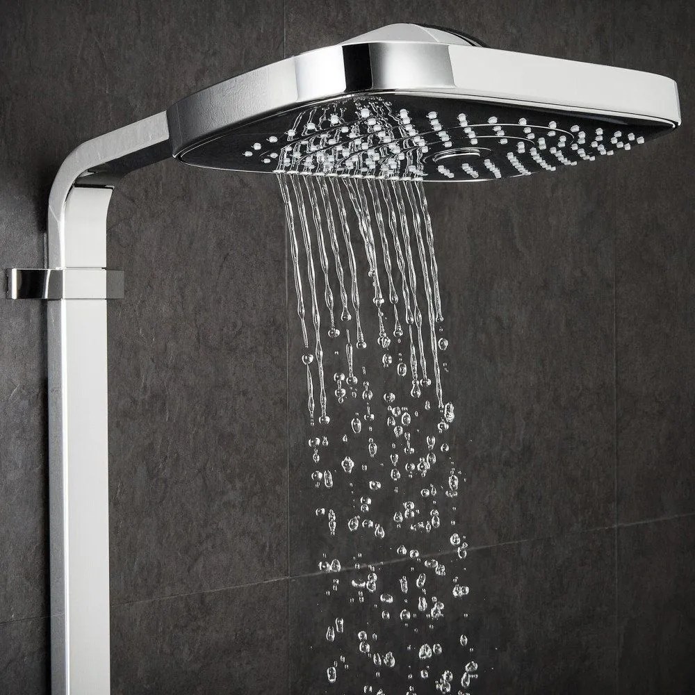 HANSGROHE Raindance Select E Showerpipe nástenný sprchový systém s termostatom ShowerTablet Select 300, horná sprcha 3jet 318 x 190 mm, ručná sprcha 3jet, chróm, 27127000