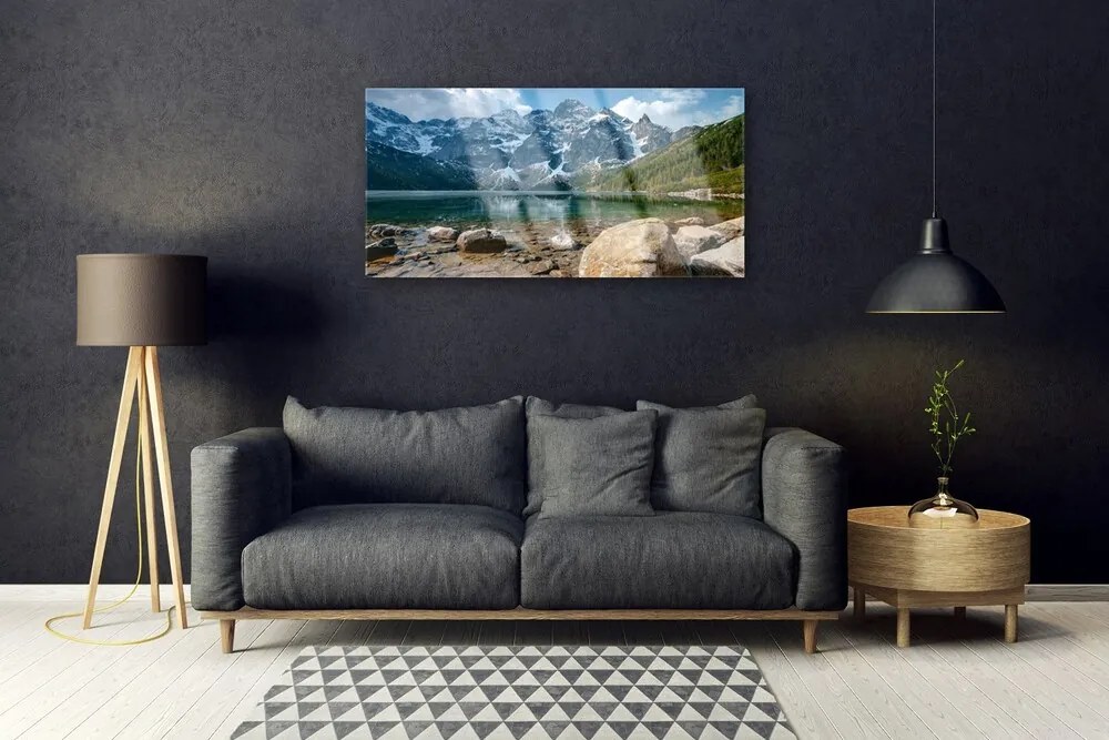 Skleneny obraz Hory les jazero kamene 100x50 cm