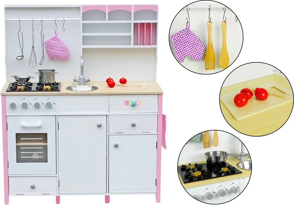 LEAN Toys Drevená detská kuchyňa Ružovo-biela Paula Otváracie prvky