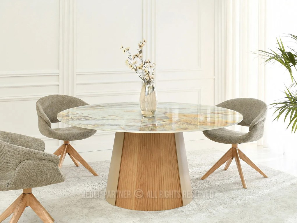 Elegantný okrúhly keramický stôl DONAT 160 sivý mramor + dub