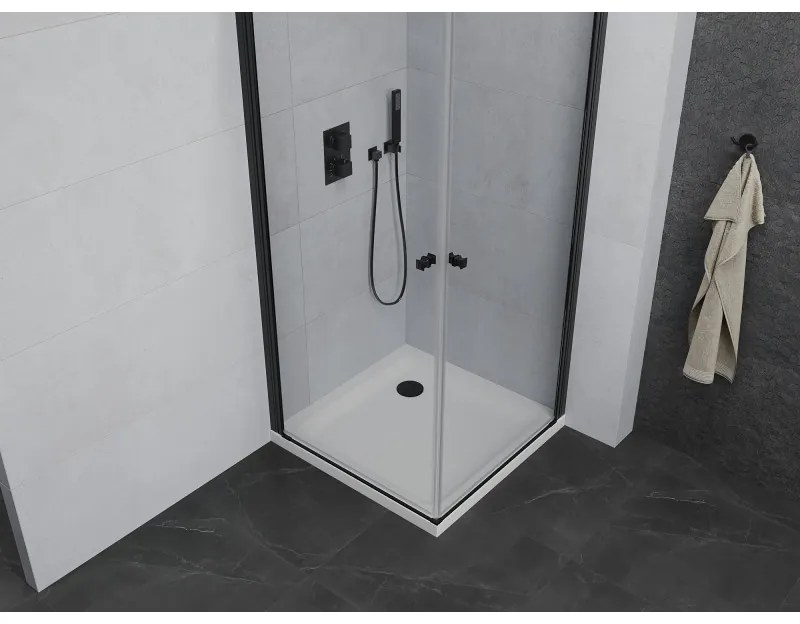 Mexen Pretoria Duo, sprchovací kút s 2-krídlovými dverami 70 (dvere) x 70 (dvere) cm, 6mm číre sklo, čierny profil + slim sprchová vanička 5cm biela s čiernym sifónom, 852-070-070-70-02-4010B