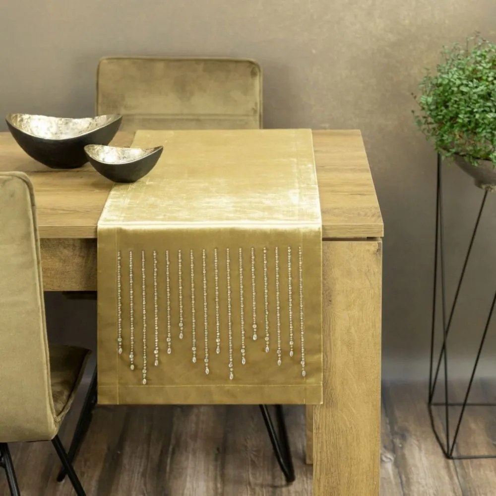 Luxusný zamatový stredový obrus v zlatej farbe s detailom kamienkov 35x180