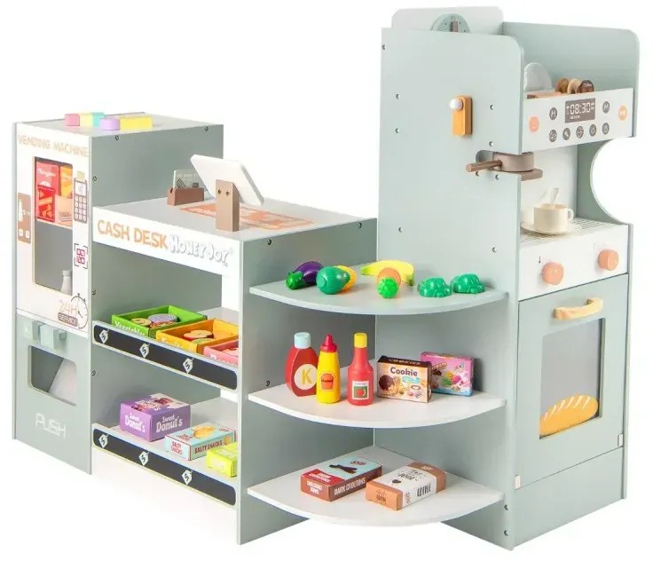 Nakúpte 30 kusov. Drevená predajňa s automatom a pokladňou a kávovarom