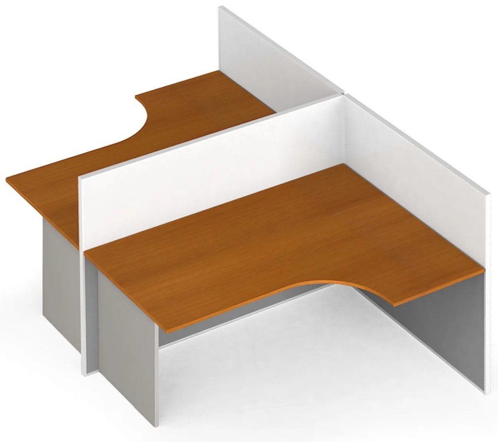 Rohový kancelársky písací stôl PRIMO s paravánmi, tvar T, magnetická tabuľa, 2 miesta, sivá/čerešňa