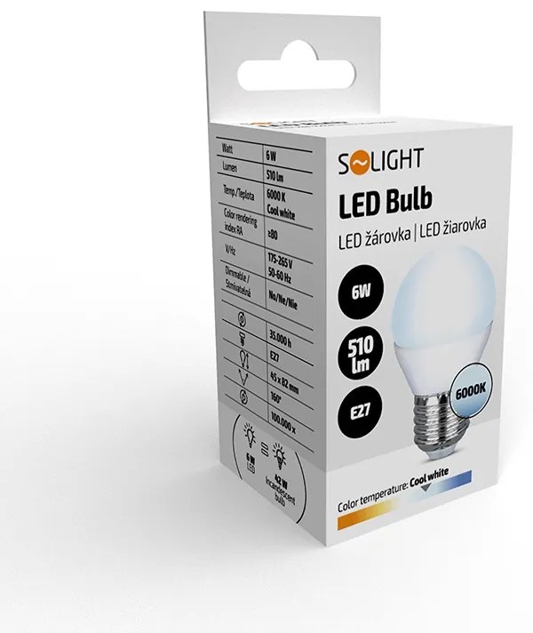 SOLIGHT LED žiarovka miniglobe matná P45 6W, E27, 6000K, 510lm