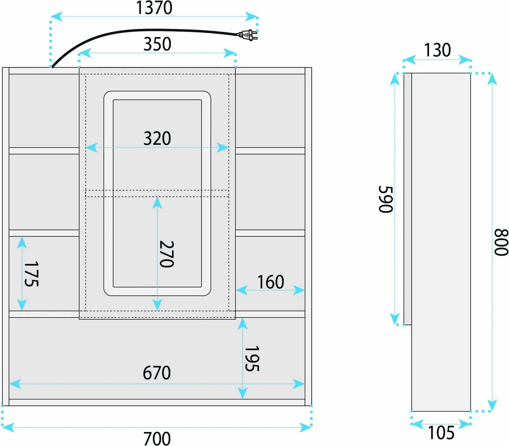 Rea Luna, zrkadlová skrinka s LED osvetlením 70×80 cm, plast, REA-M0405