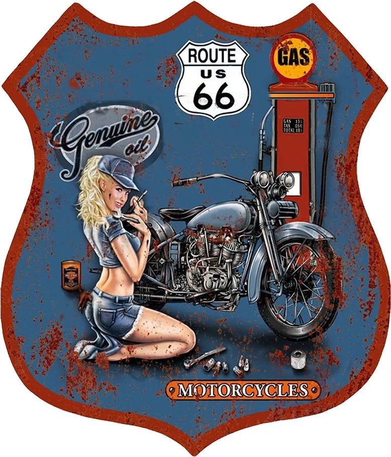 Modrá nástenná kovová ceduľa Route 66 - 30*1*35 cm