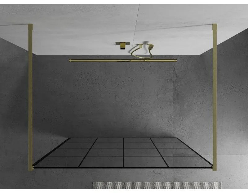 Mexen Kioto, sprchová zástena Walk-In 140 x 200 cm, 8mm sklo čierny vzor, zlatý matný profil, 800-140-002-55-77