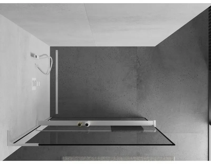 Mexen Kioto+ L, sprchová zástena Walk-In s poličkou a vešiakom 90 x 200 cm, 8mm číre sklo čierny vzor, biely profil, 800-090-123-20-70