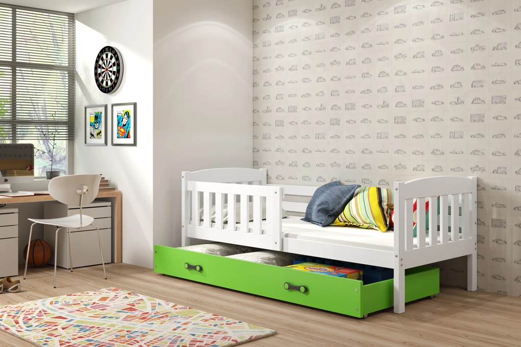 Interbeds Jednolôžková posteľ Kubus2 biela 160x80 s matracom a šuplíkom - zelená